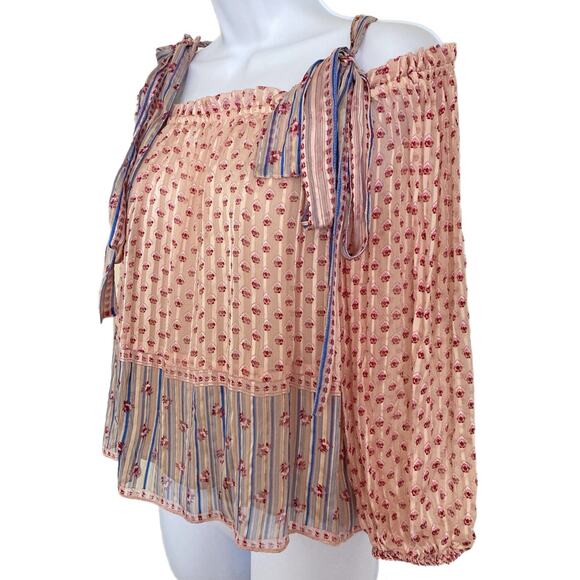 Ulla Johnson Clement Rose Silk Bow Shoulder Tie Off Shoulder Boho Blouse Size 4 - Picture 3 of 9